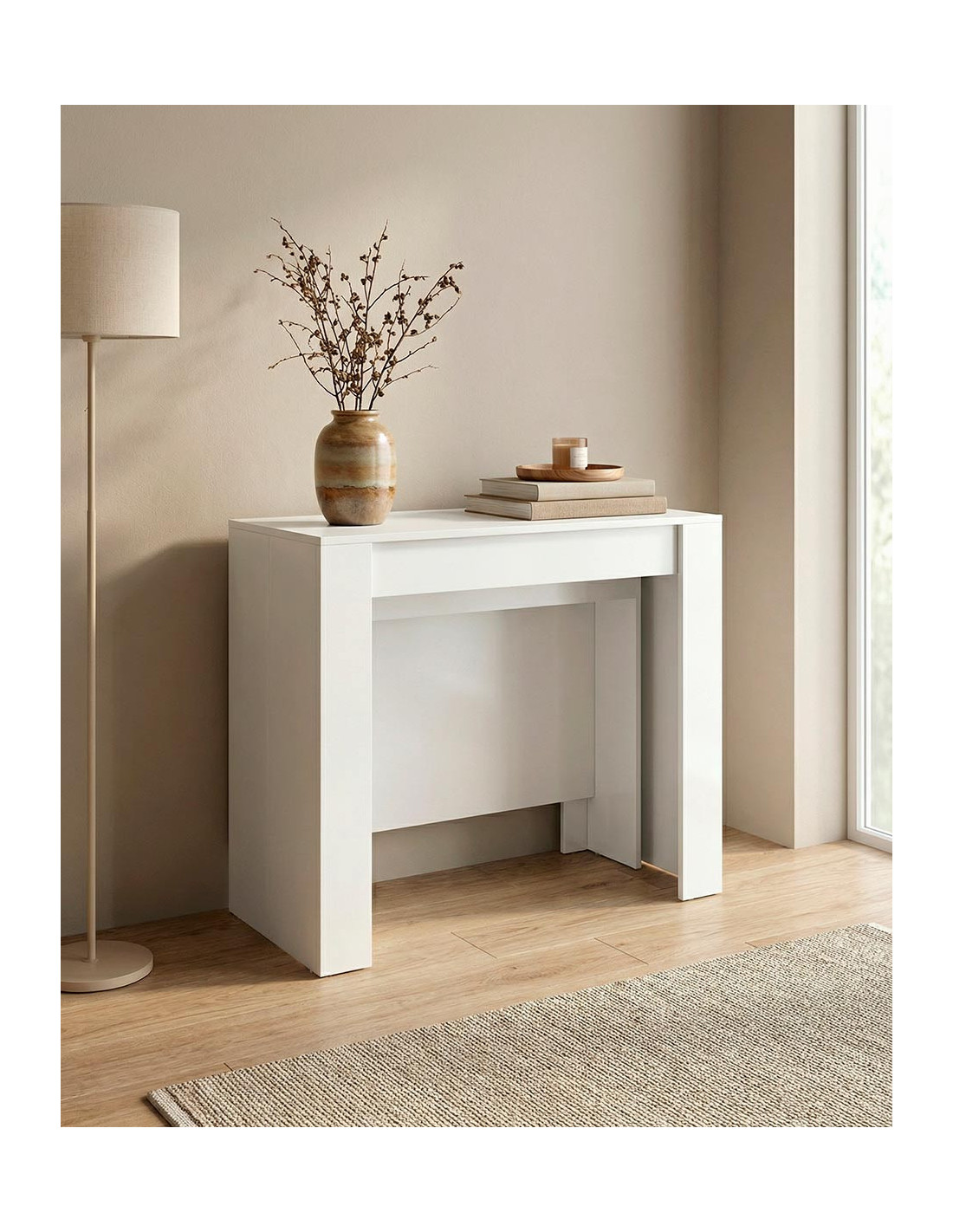 Mesa consola extensible NARA ambiente blanca