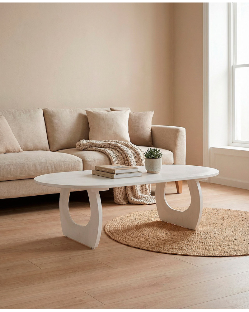 Mesa de centro madera mango KORA vista decorada blanca