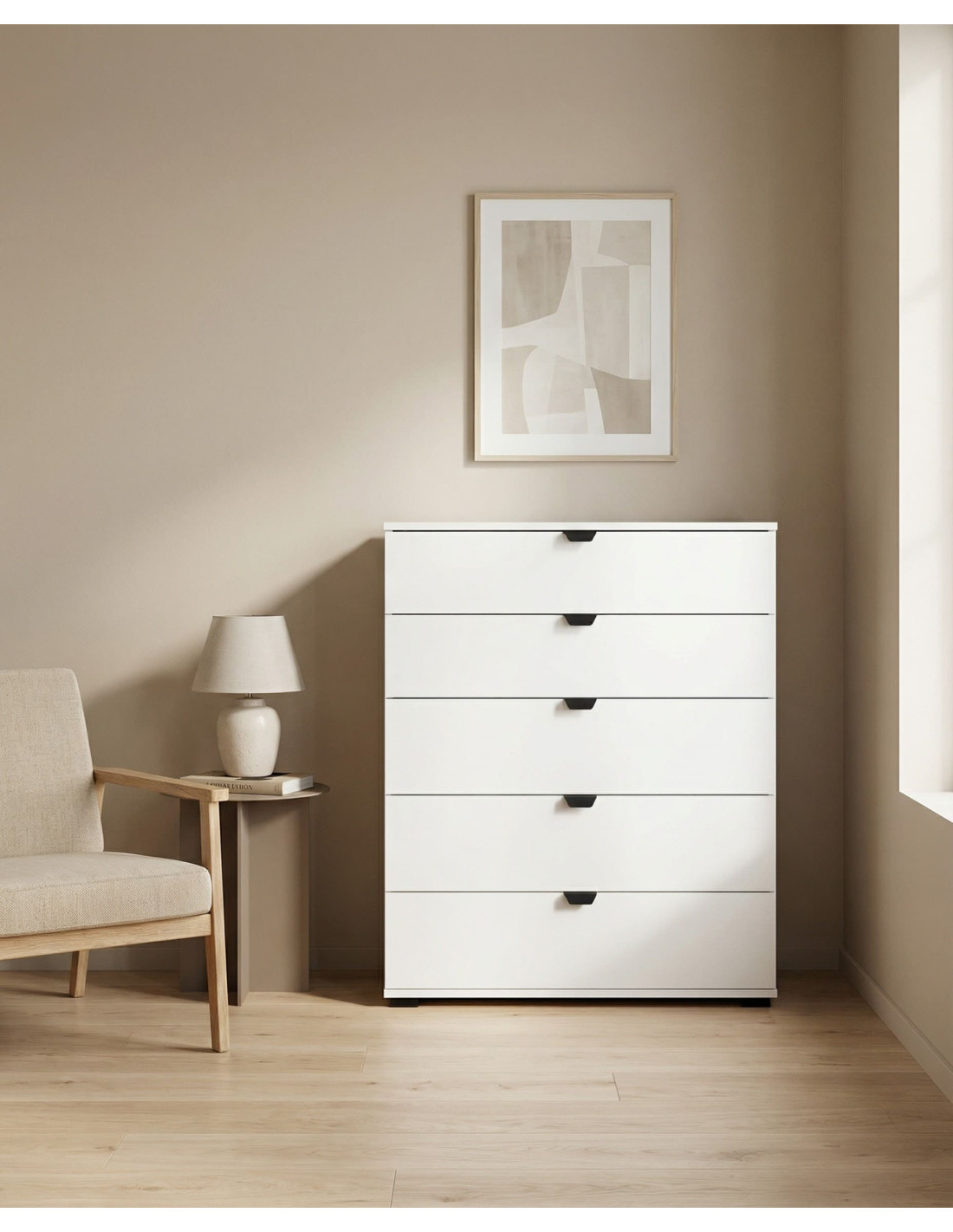 Cómoda 5 cajones ZAREL blanco ambiente