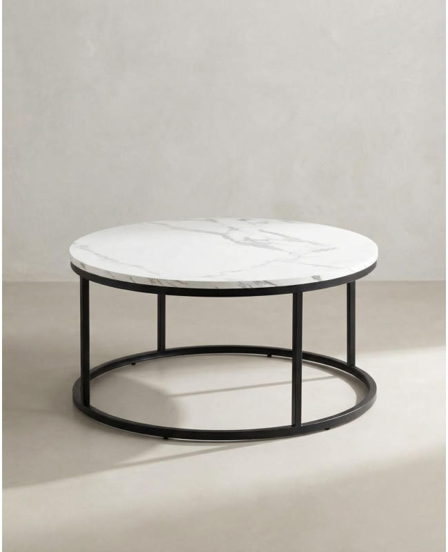 Mesa centro redonda tapa simil mármol VELIX blanco frente