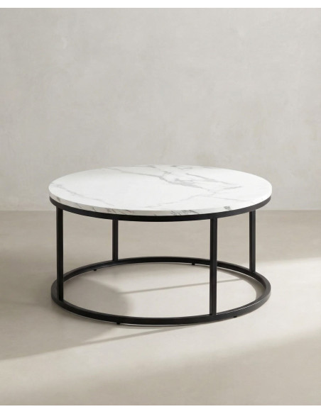 Mesa centro redonda tapa simil mármol VELIX blanco frente