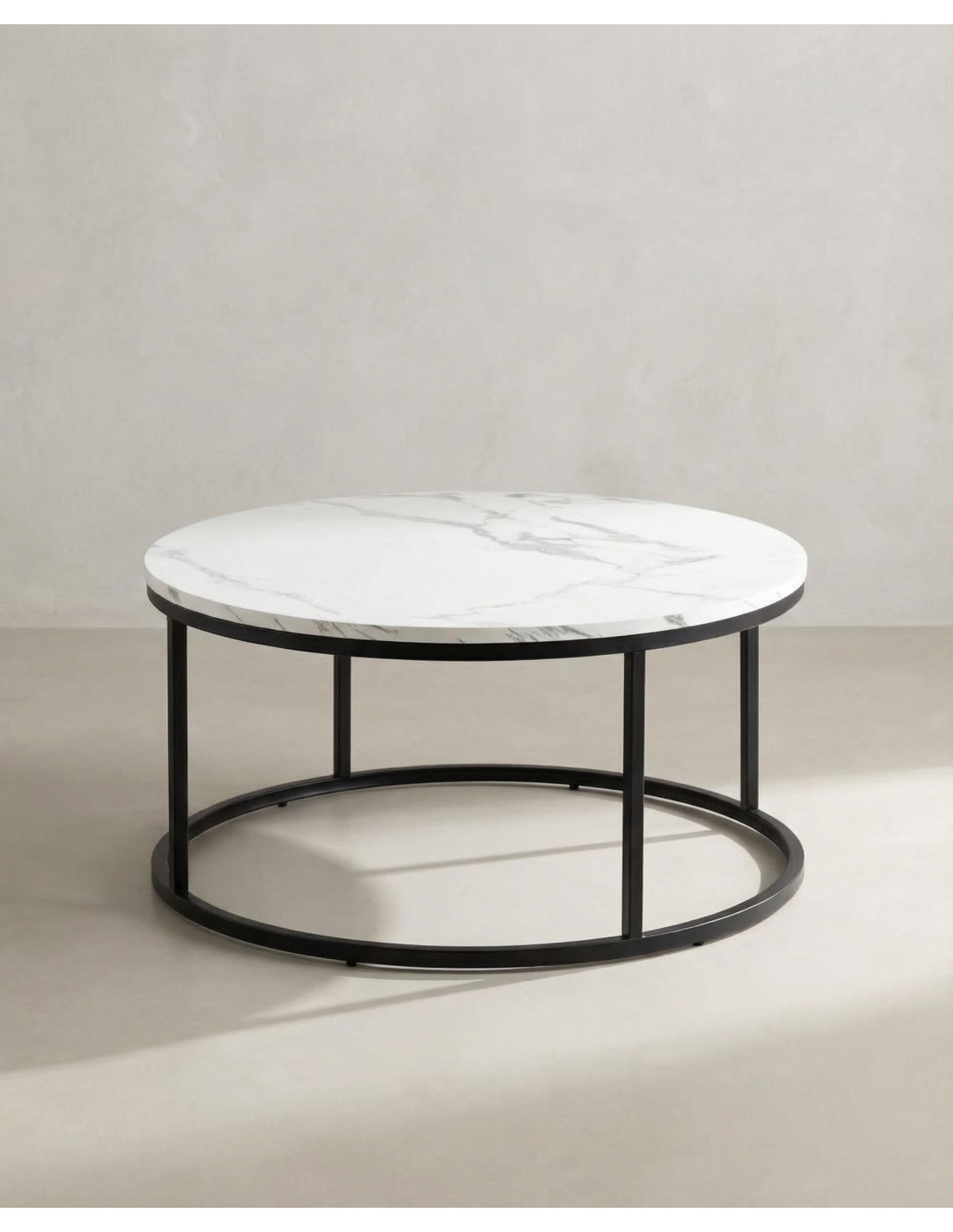 Mesa centro redonda tapa simil mármol VELIX blanco frente