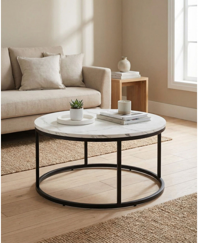 Mesa centro redonda tapa simil mármol VELIX blanco ambiente