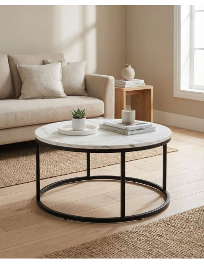 Mesa centro redonda tapa simil mármol VELIX blanco ambiente