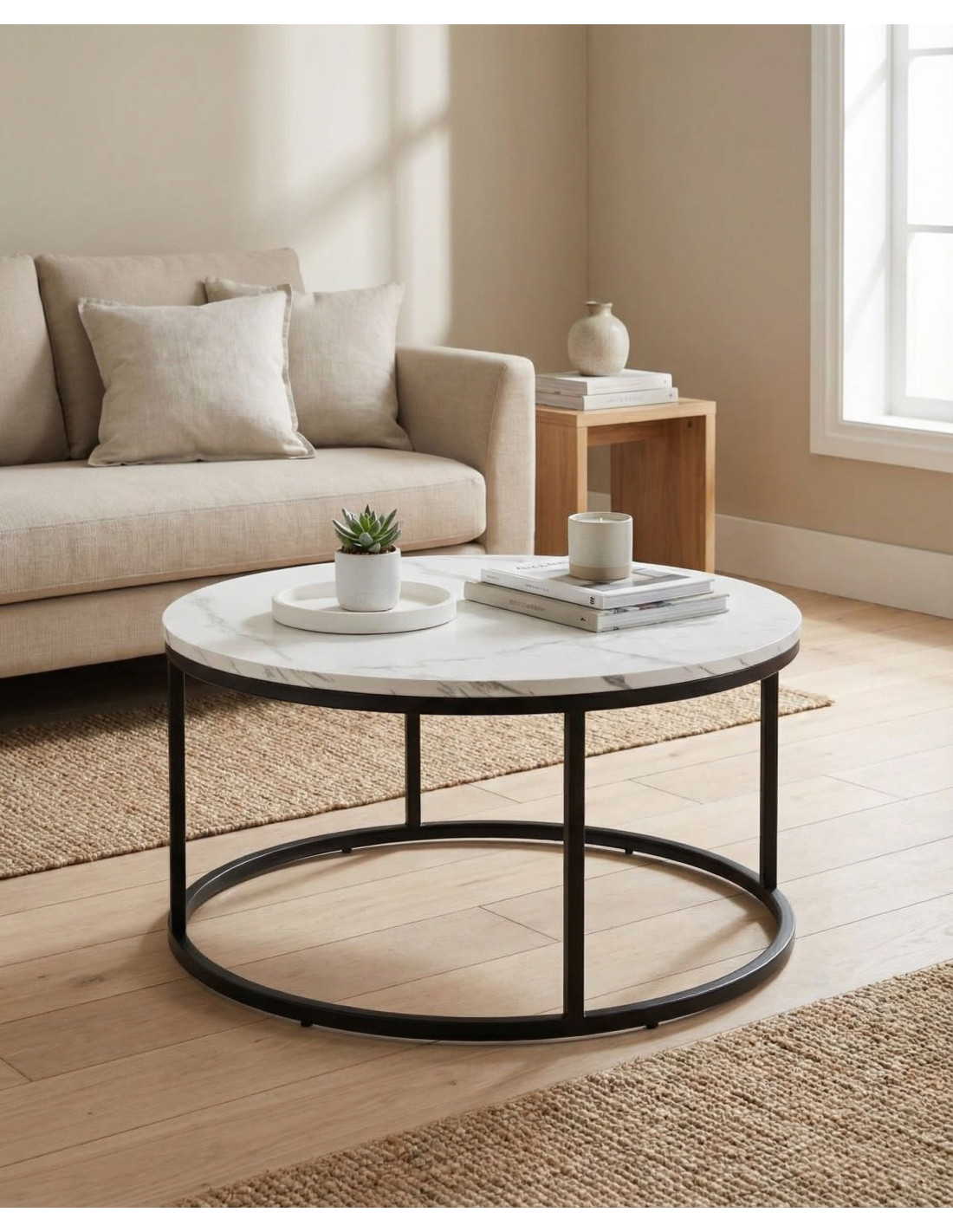 Mesa centro redonda tapa simil mármol VELIX blanco ambiente