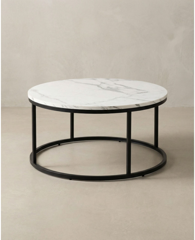Mesa centro redonda tapa simil mármol VELIX blanco lateral