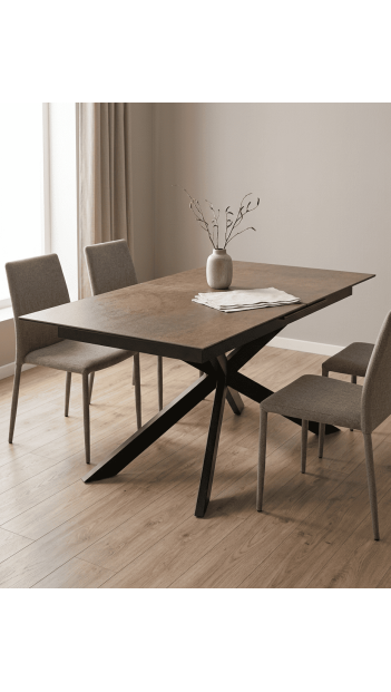 Mesa comedor extensible efecto cerámica KELARX marrón ambiente