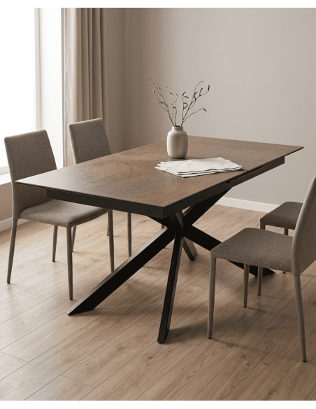 Mesa comedor extensible efecto cerámica KELARX marrón ambiente