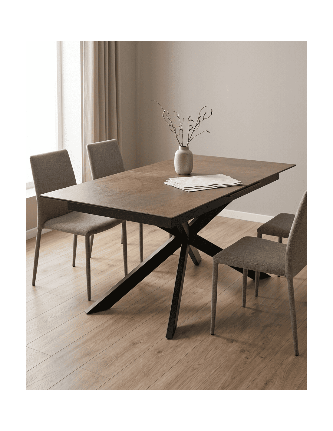 Mesa comedor extensible efecto cerámica KELARX marrón ambiente