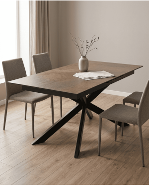 Mesa comedor extensible efecto cerámica KELARX marrón ambiente