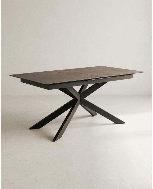 Mesa comedor extensible efecto cerámica KELARX marrón lateral