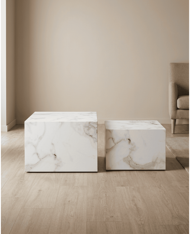 Juego 2 mesas cuadradas SOREX mármol carrara ambiente