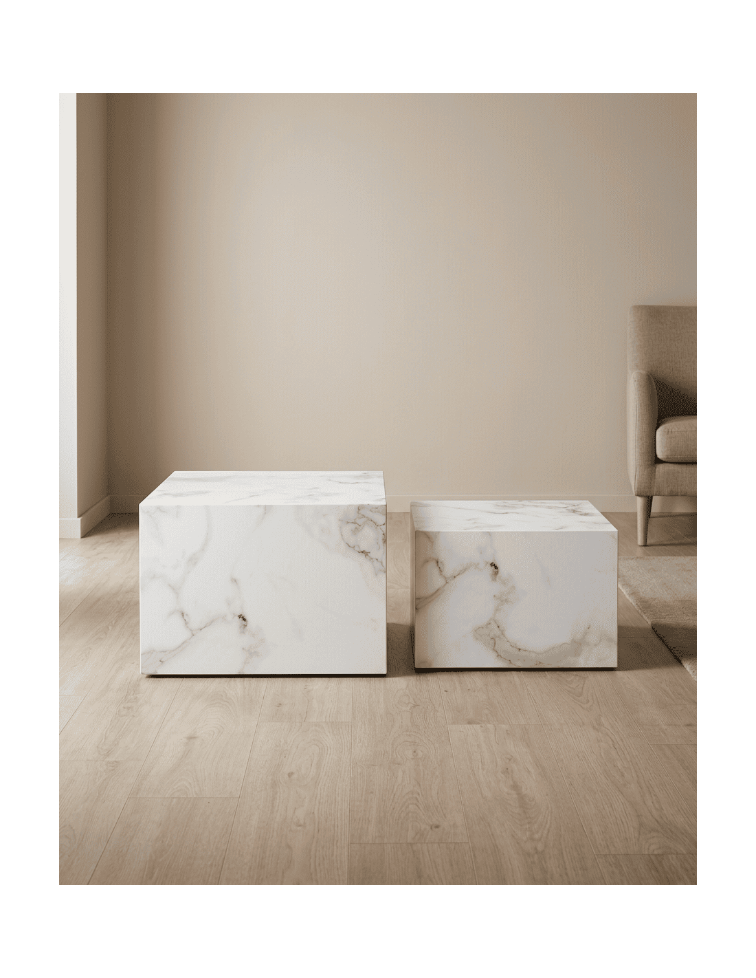 Juego 2 mesas cuadradas SOREX mármol carrara ambiente