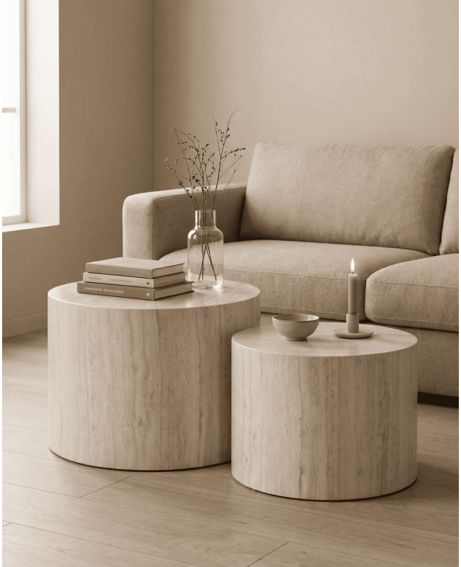 Juego 2 mesas centro redondas SOREX mármol roble ambiente