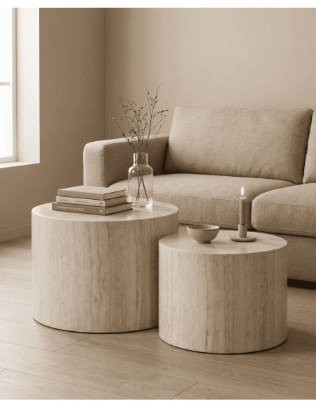 Juego 2 mesas centro redondas SOREX mármol roble ambiente