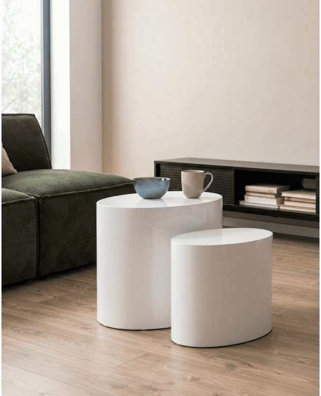 Juego 2 mesas ovaladas TAROX blanco brillo lateral