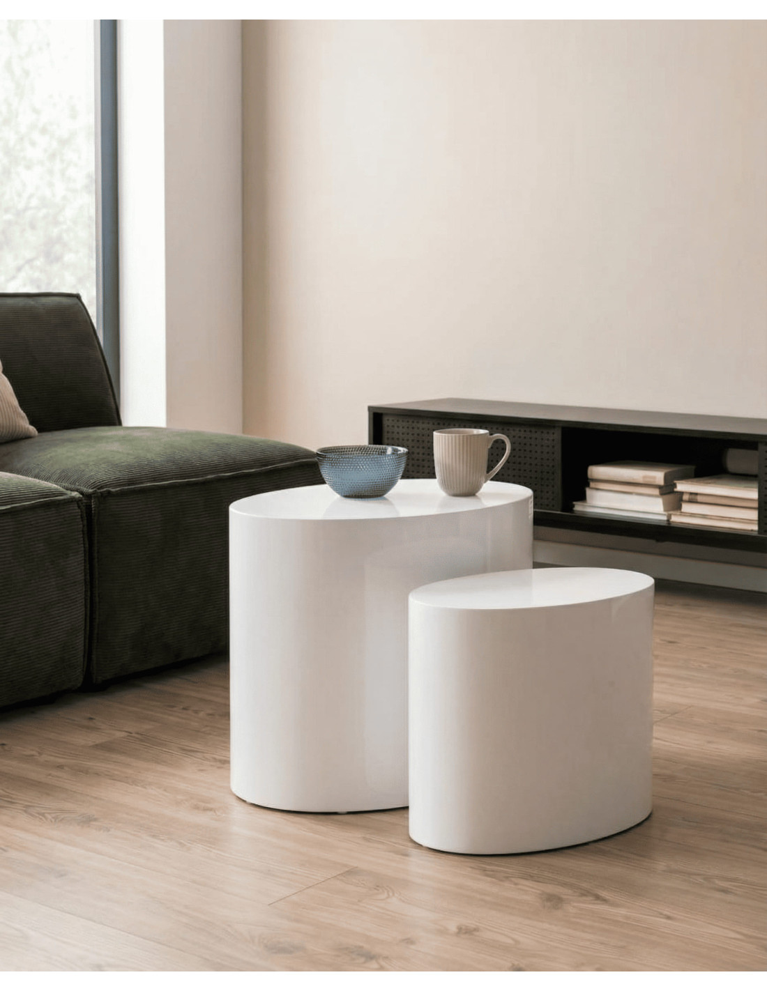 Juego 2 mesas ovaladas TAROX blanco brillo lateral