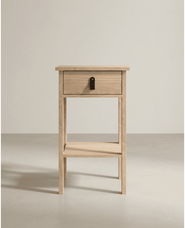 Mesita de noche 1 cajón BERGEN roble jackson tirador cuero