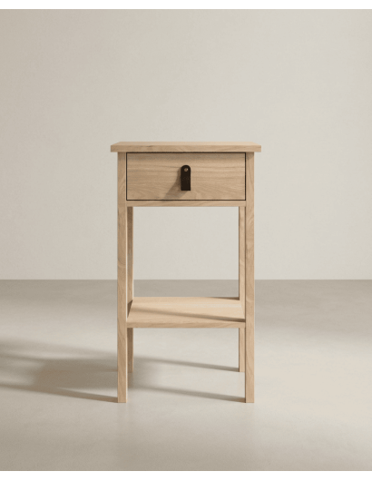 Mesita de noche 1 cajón BERGEN roble jackson tirador cuero