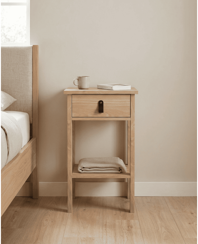 Mesita de noche 1 cajón BERGEN roble jackson ambiente tirador cuero