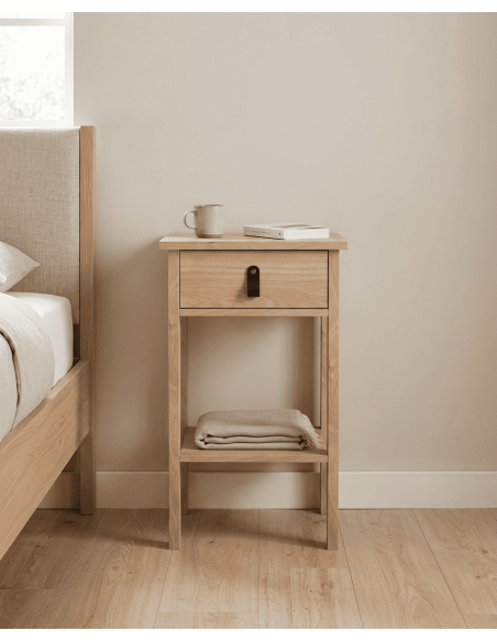 Mesita de noche 1 cajón BERGEN roble jackson ambiente tirador cuero