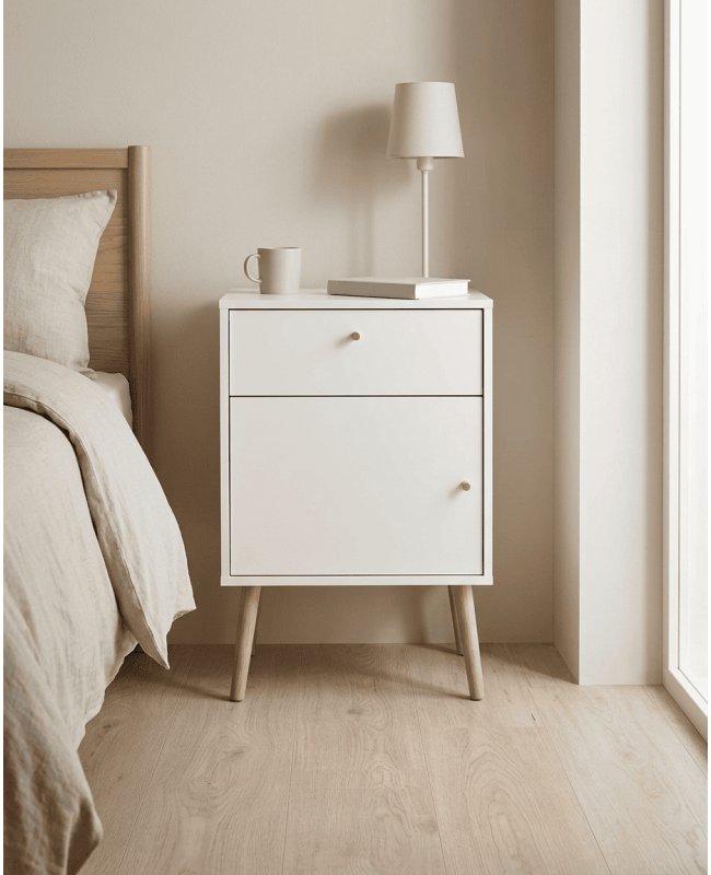 Mesita 1 puerta y 1cajón  con patas OSLO ambiente