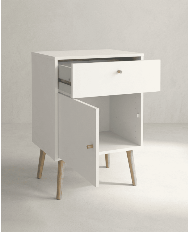 Mesita 1 puerta y 1cajón  con patas OSLO apertura