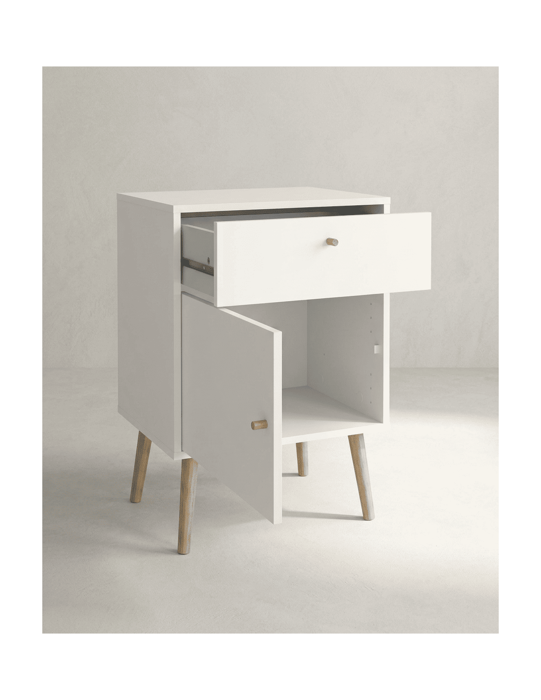 Mesita 1 puerta y 1cajón  con patas OSLO apertura