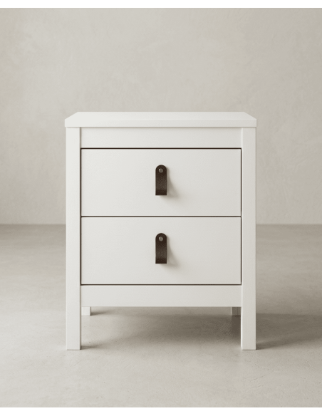Mesita de noche 2 cajones BERGEN blanco frontal tirador cuero