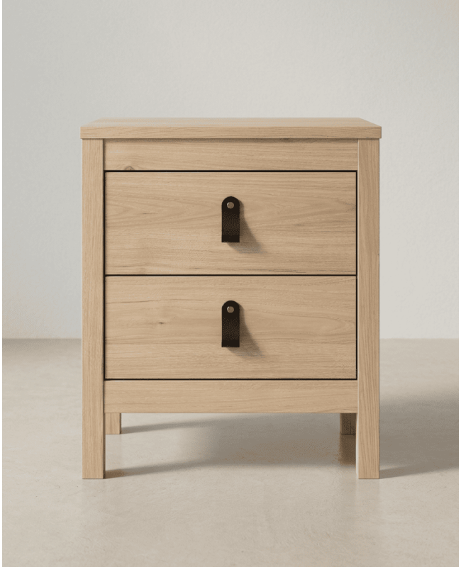 Mesita de noche 2 cajones BERGEN roble frontal tiradores cuero