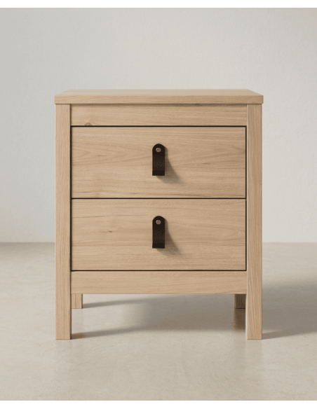 Mesita de noche 2 cajones BERGEN roble frontal tiradores cuero