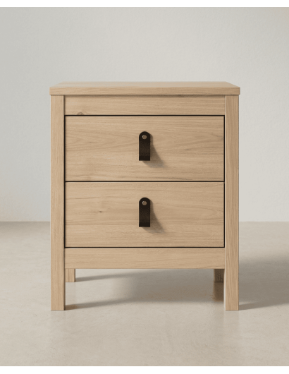 Mesita de noche 2 cajones BERGEN roble frontal tiradores cuero