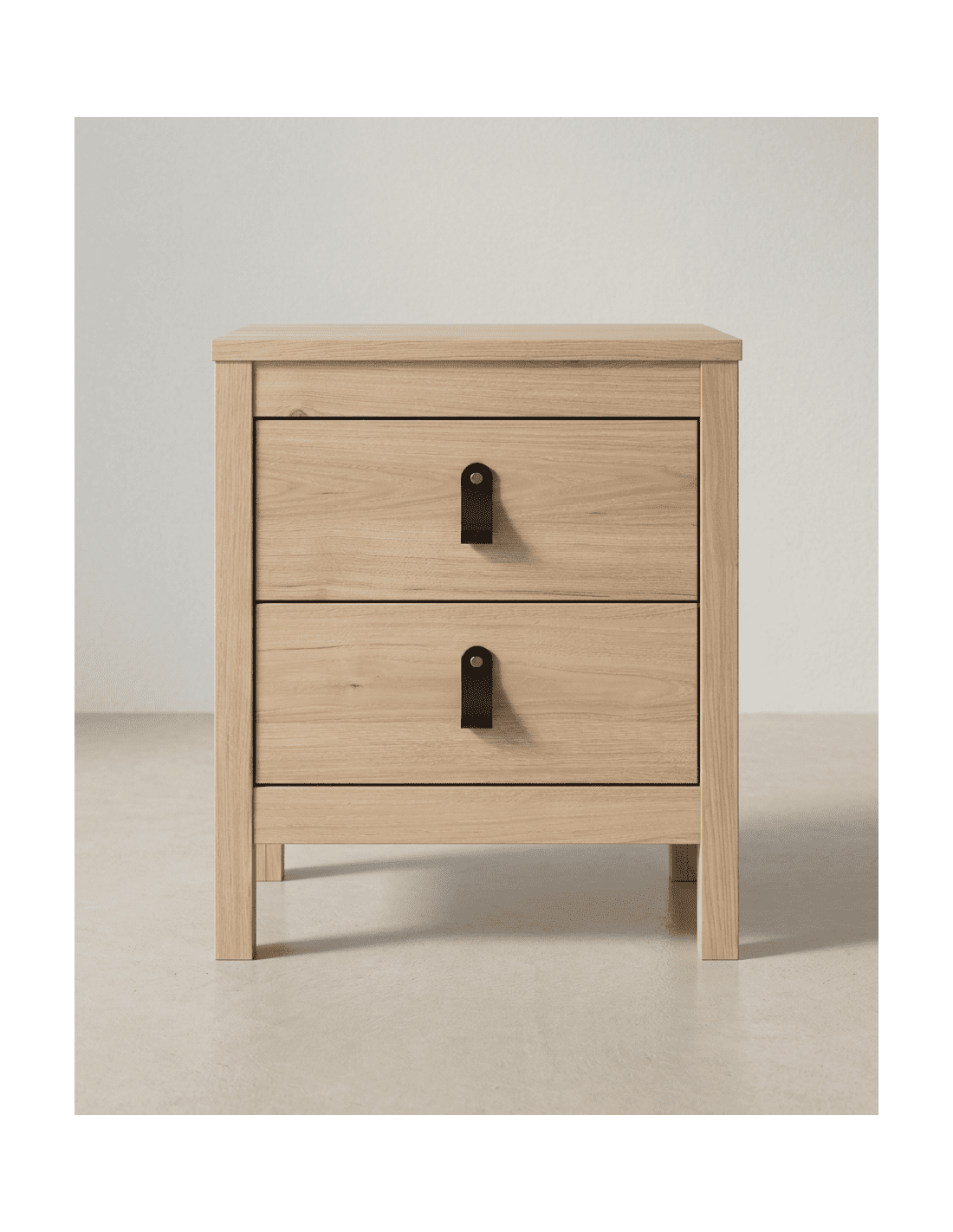 Mesita de noche 2 cajones BERGEN roble frontal tiradores cuero