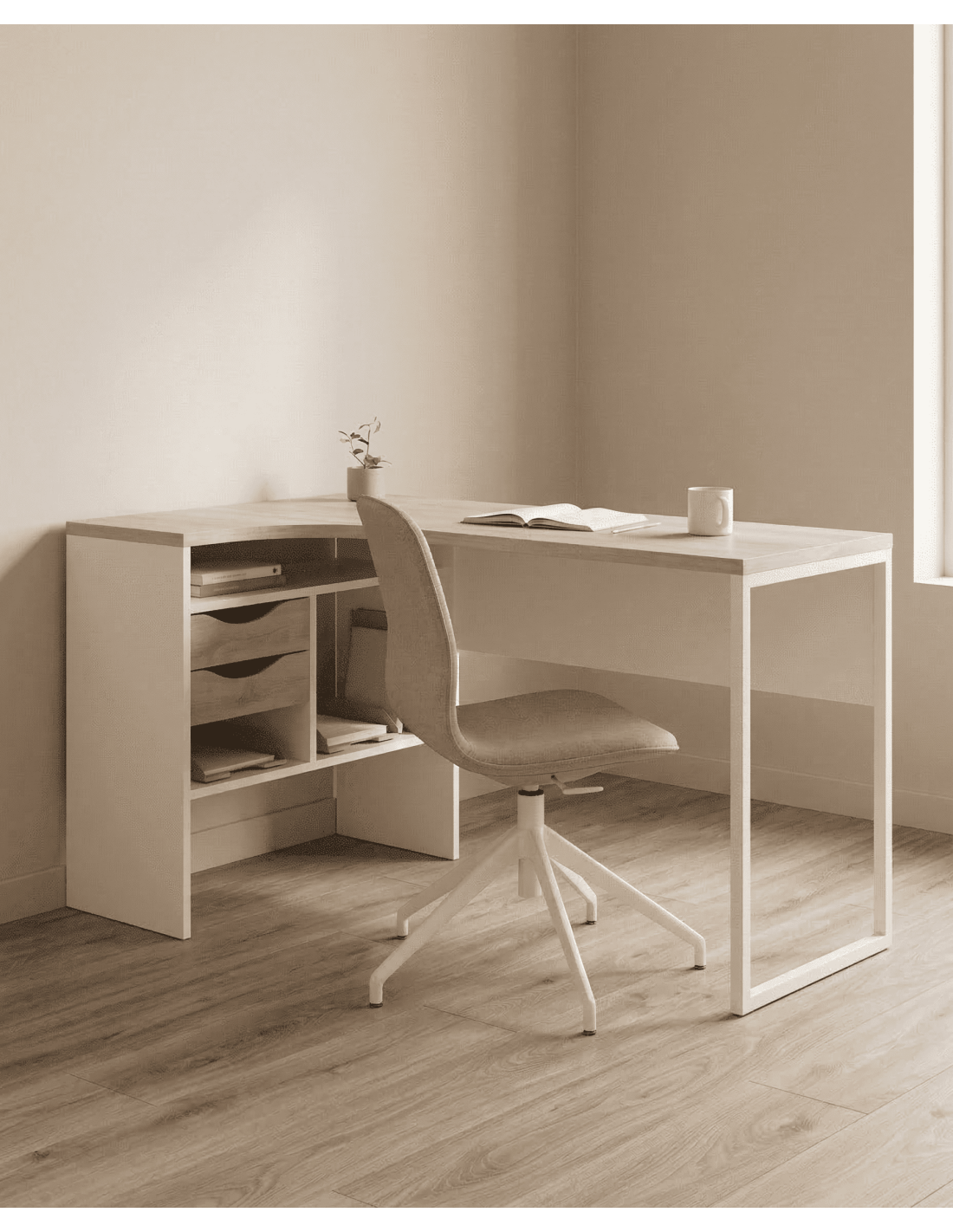 Mesa escritorio rincón cajones FOCUS blanco ambiente