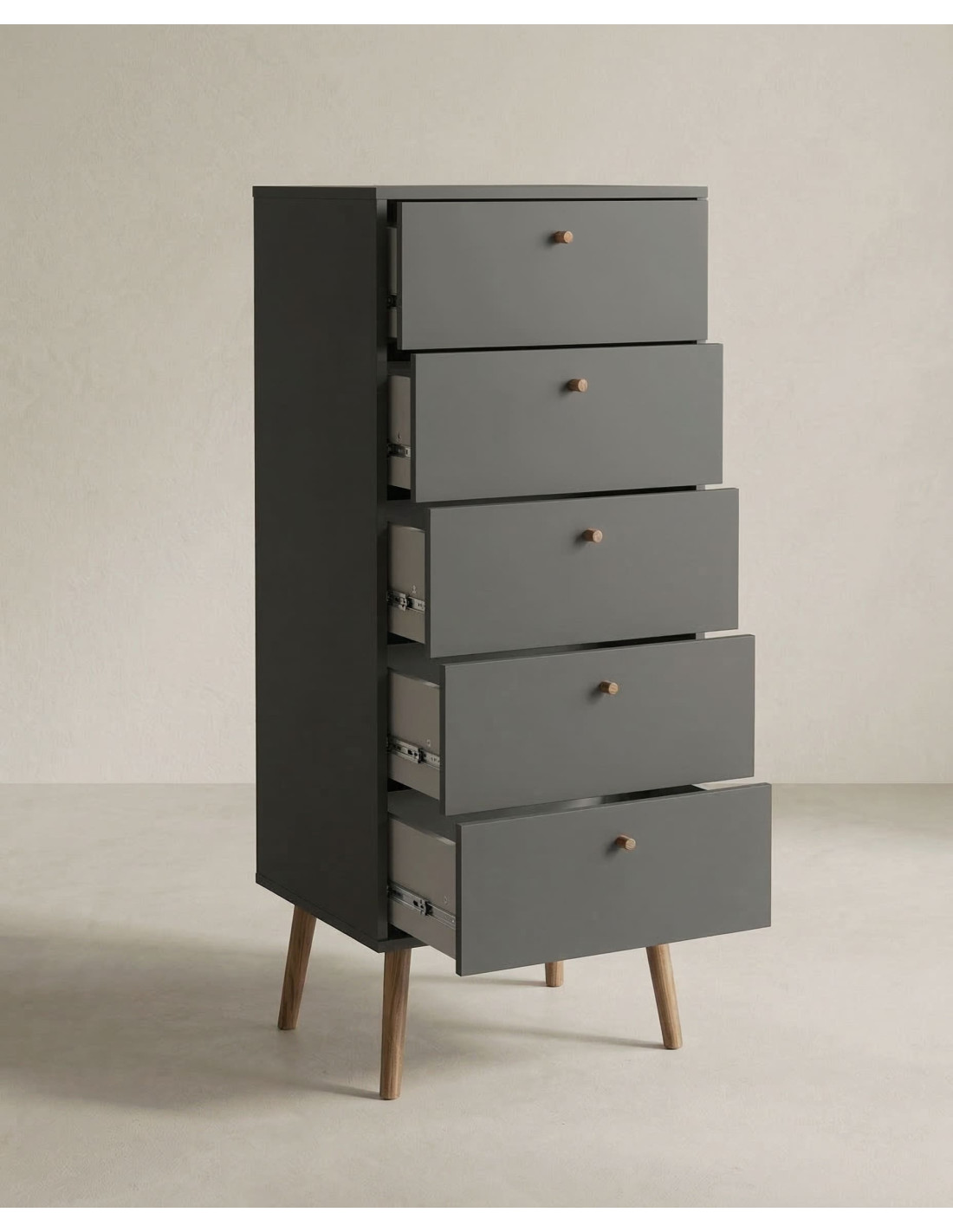 Sinfonier 5 cajones con patas OSLO gris apertura