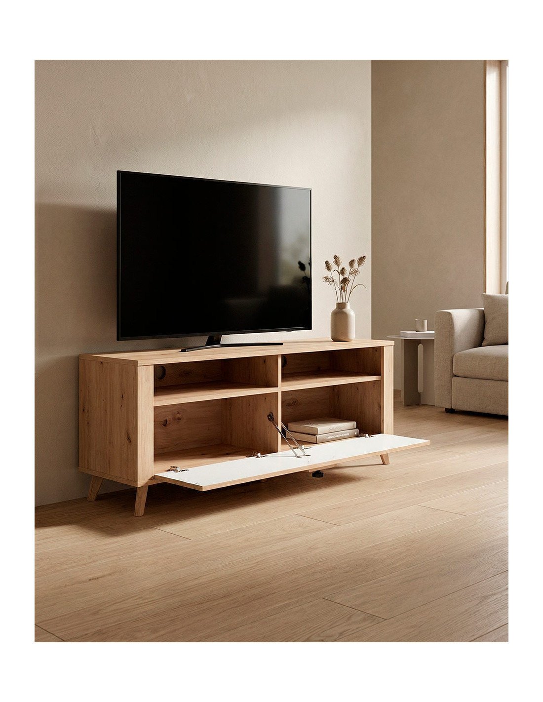 Mesa TV con patas KAREL en roble imagen de ambiente