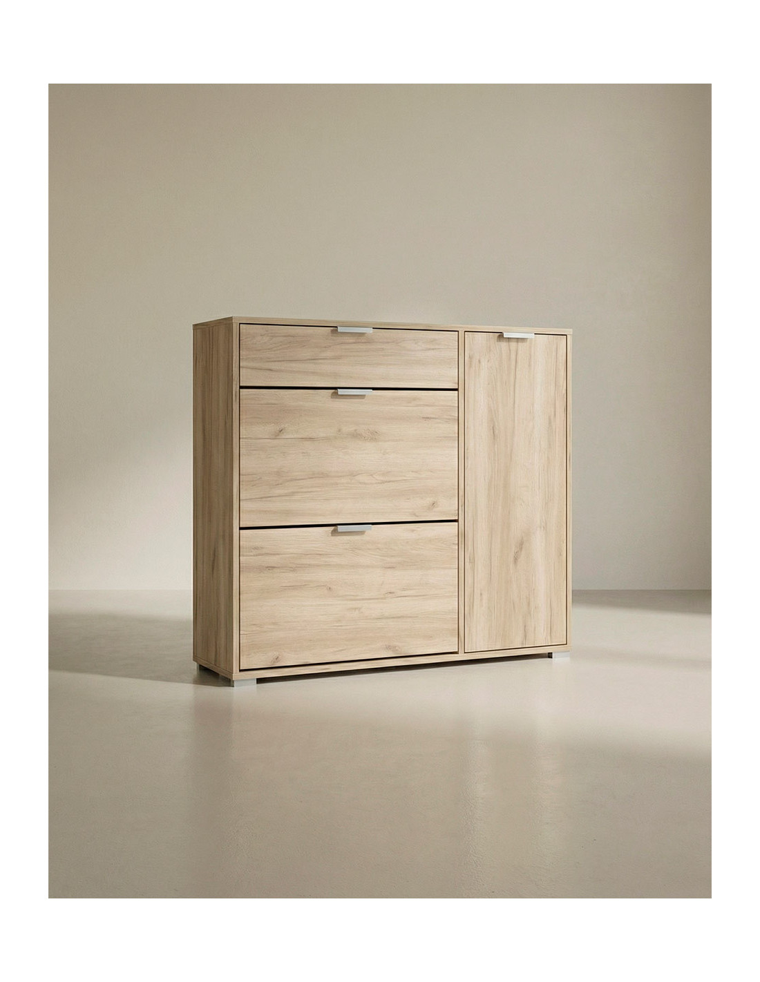 Zapatero NOREX en cemento/roble vista en tres cuartos