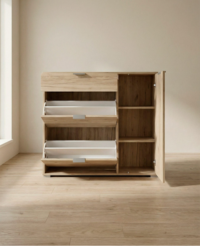 Zapatero NOREX en cemento/roble vista abierto