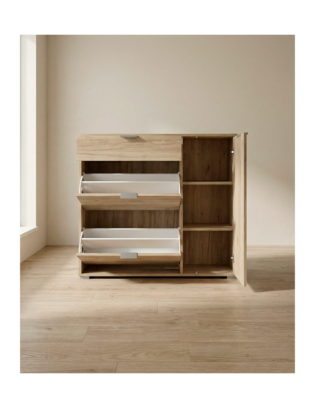 Zapatero NOREX en cemento/roble vista abierto