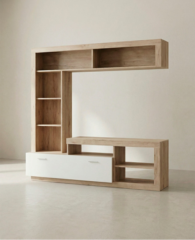 Composición de salón DALEN roble/blanco mate vista en tres cuartos