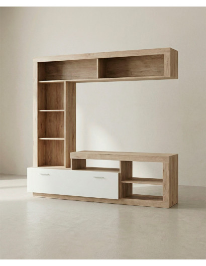 Composición de salón DALEN roble/blanco mate vista en tres cuartos