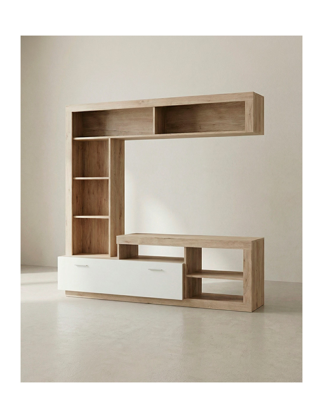 Composición de salón DALEN roble/blanco mate vista en tres cuartos