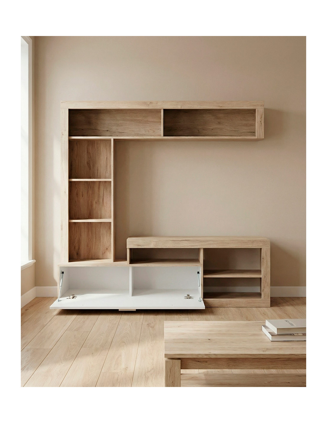 Composición de salón DALEN roble/blanco mate módulo abierto