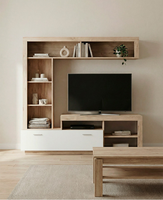 Composición de salón DALEN roble/blanco mate imagen de ambiente